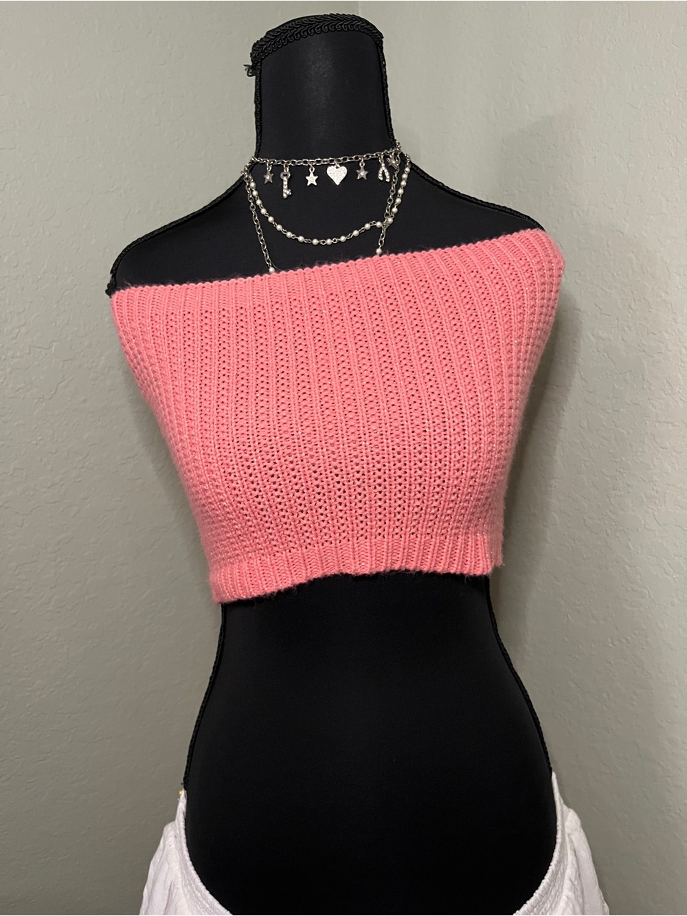 H&M Pink Off-Shoulder Cropped Knit Top